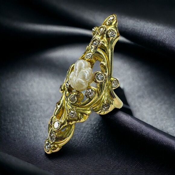 14k Gold Antique Diamond Baroque Pearl Ring Size 6.5 Victorian Art Nouveau 9.9g - Picture 4 of 16